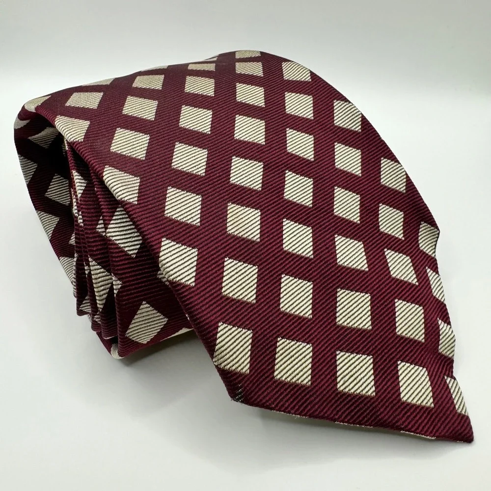 Lauren‎ Ralph Lauren Mens Silk Tie Burgundy Cream Geometric Diamond Luxury